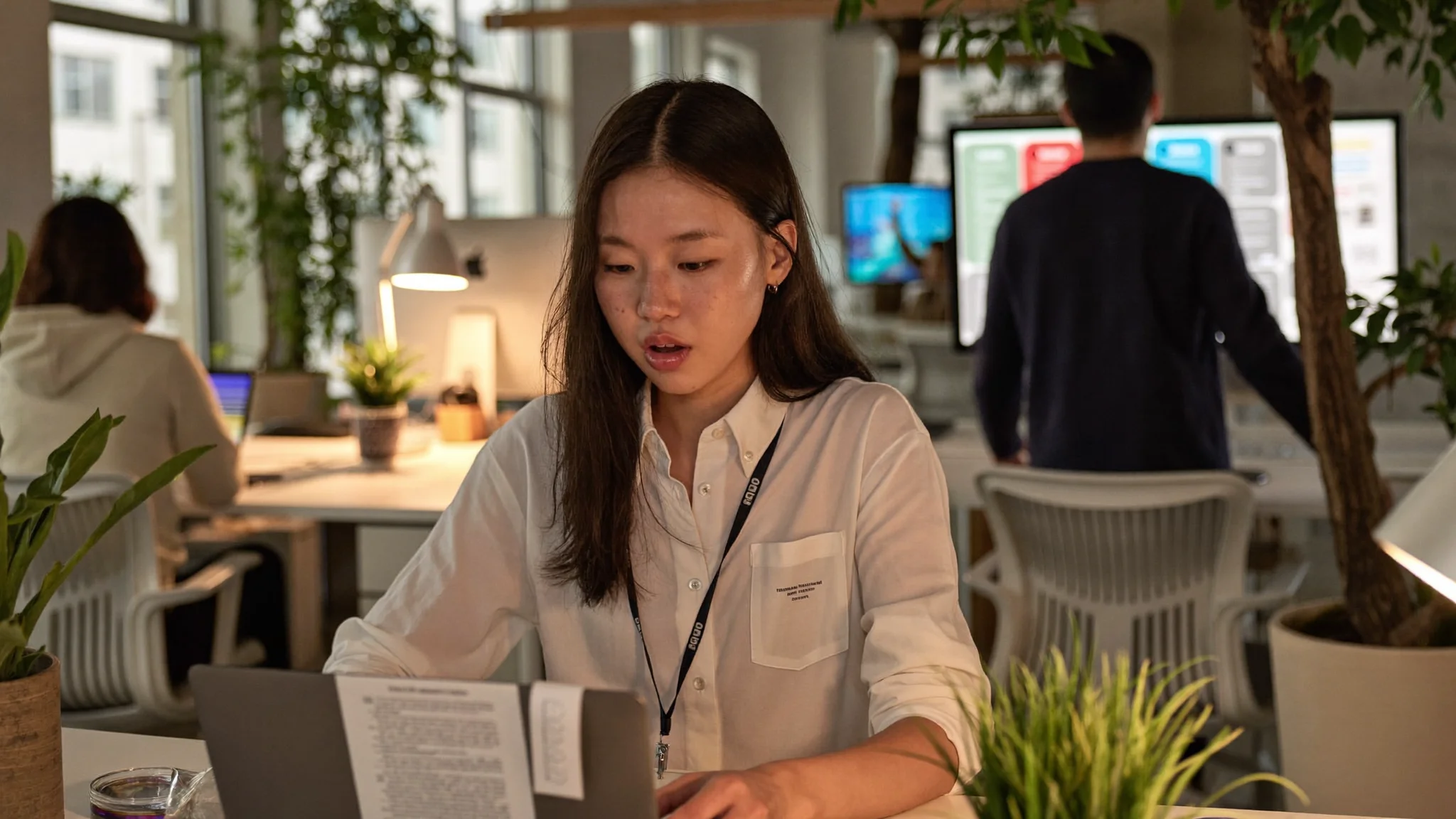 New team member at a Mac following software onboarding with an on-screen guide pointing at a menu